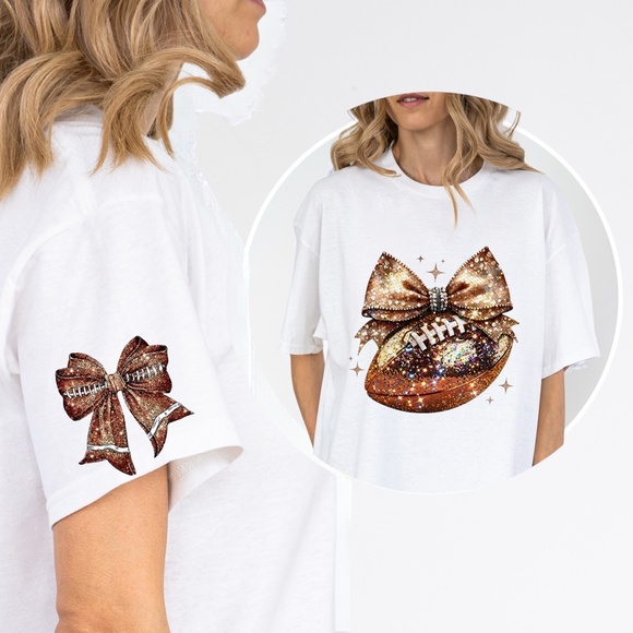 🏈 Sparkle & Spike: Gold Glitter Football Bow t-shirt. Touch down game ready - Picture 7 of 15